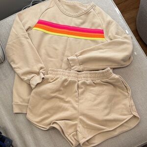 Beige Sweatshirt and Shorts Set with colorful Stripes
